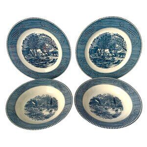 Currier & Ives 2 Dinner Plates 2  Soup Bowls "The Old Grist Mill" Blue White